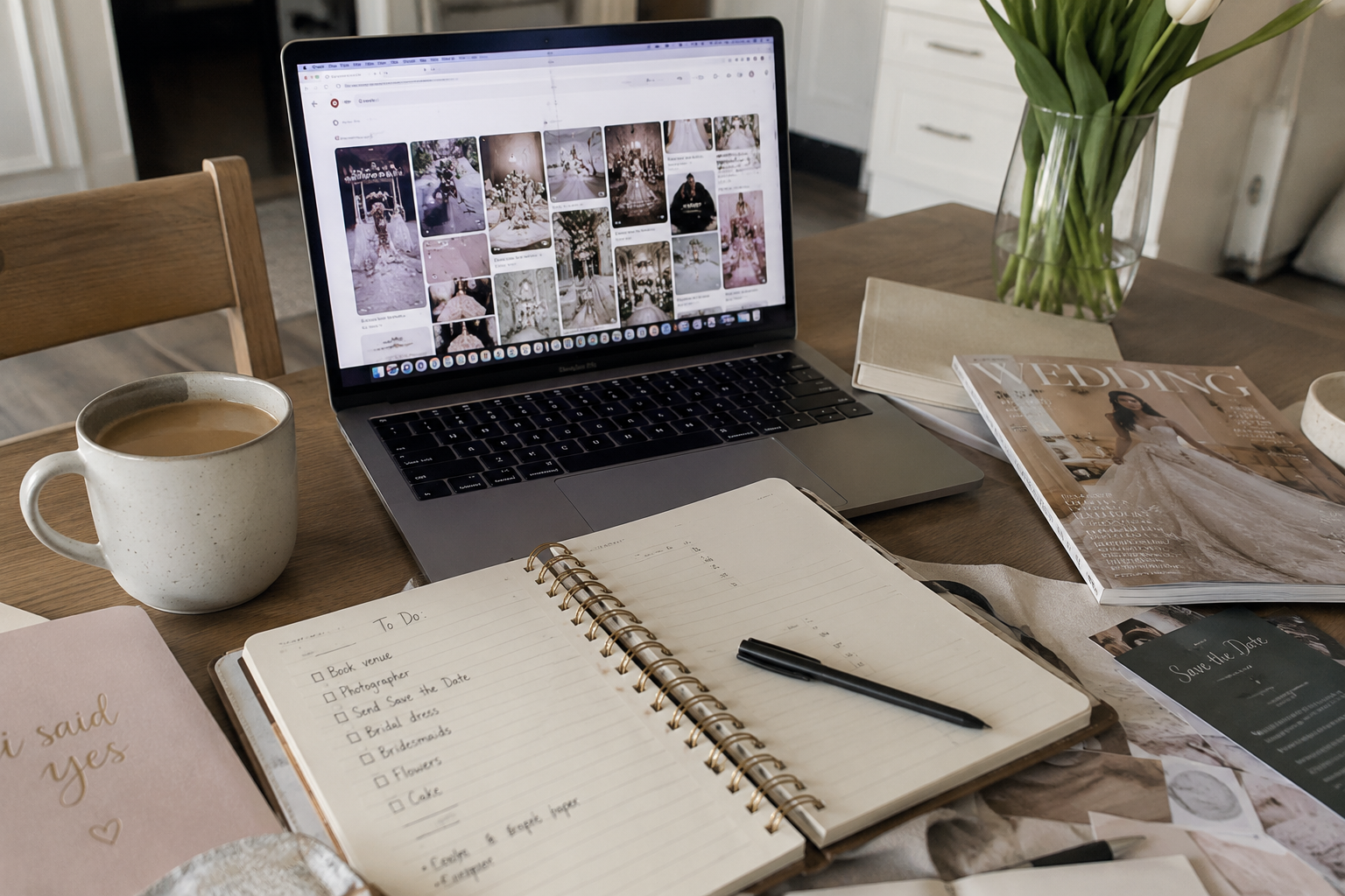 Wedding planning inspiration, notes, and open browser tabs on a laptop.