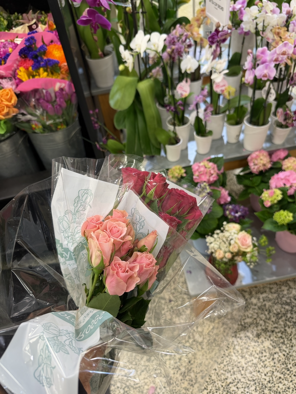 Grocery store roses and baby’s breath bought the day before the wedding for bridal hair