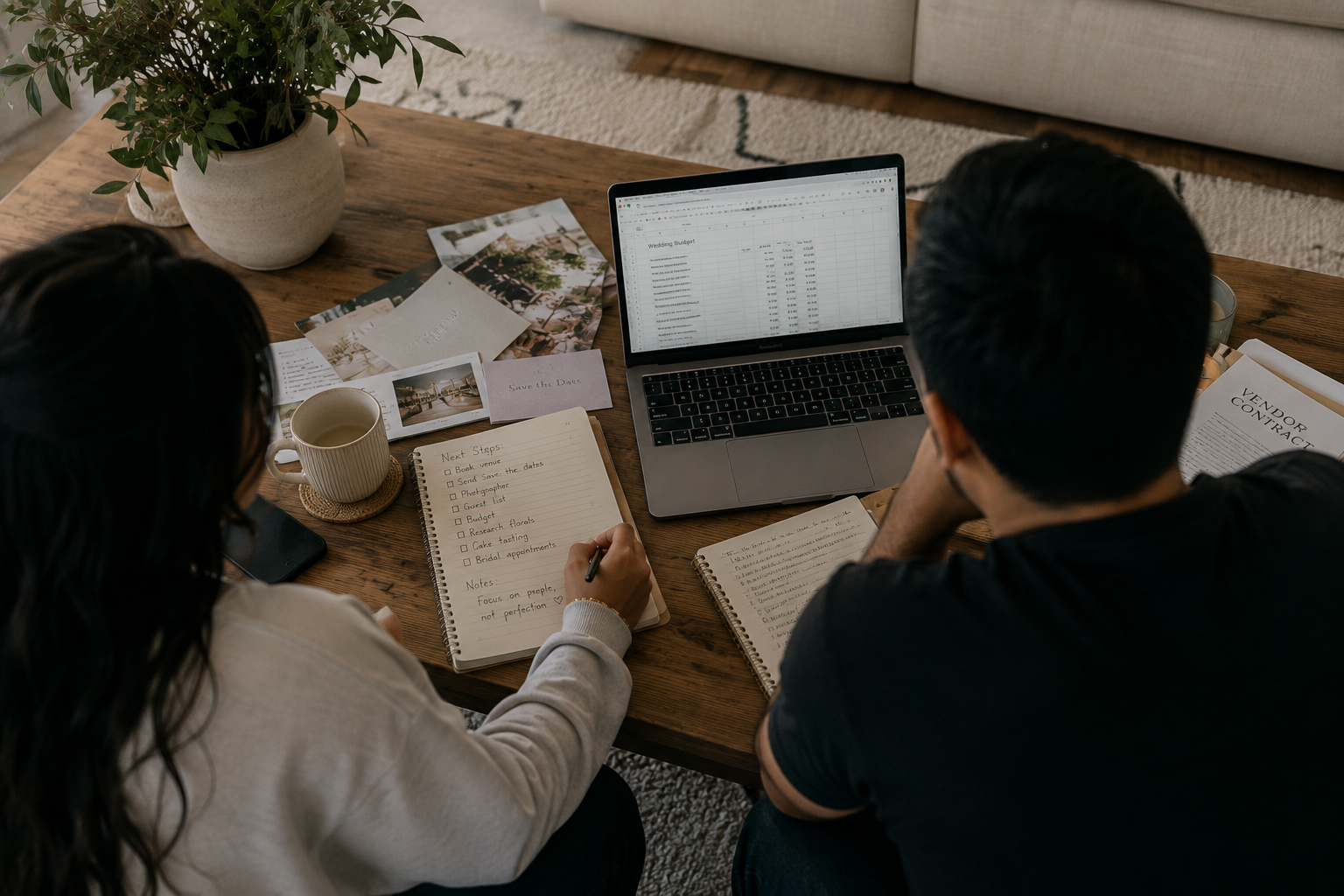 Couple planning their wedding together at home with laptops.